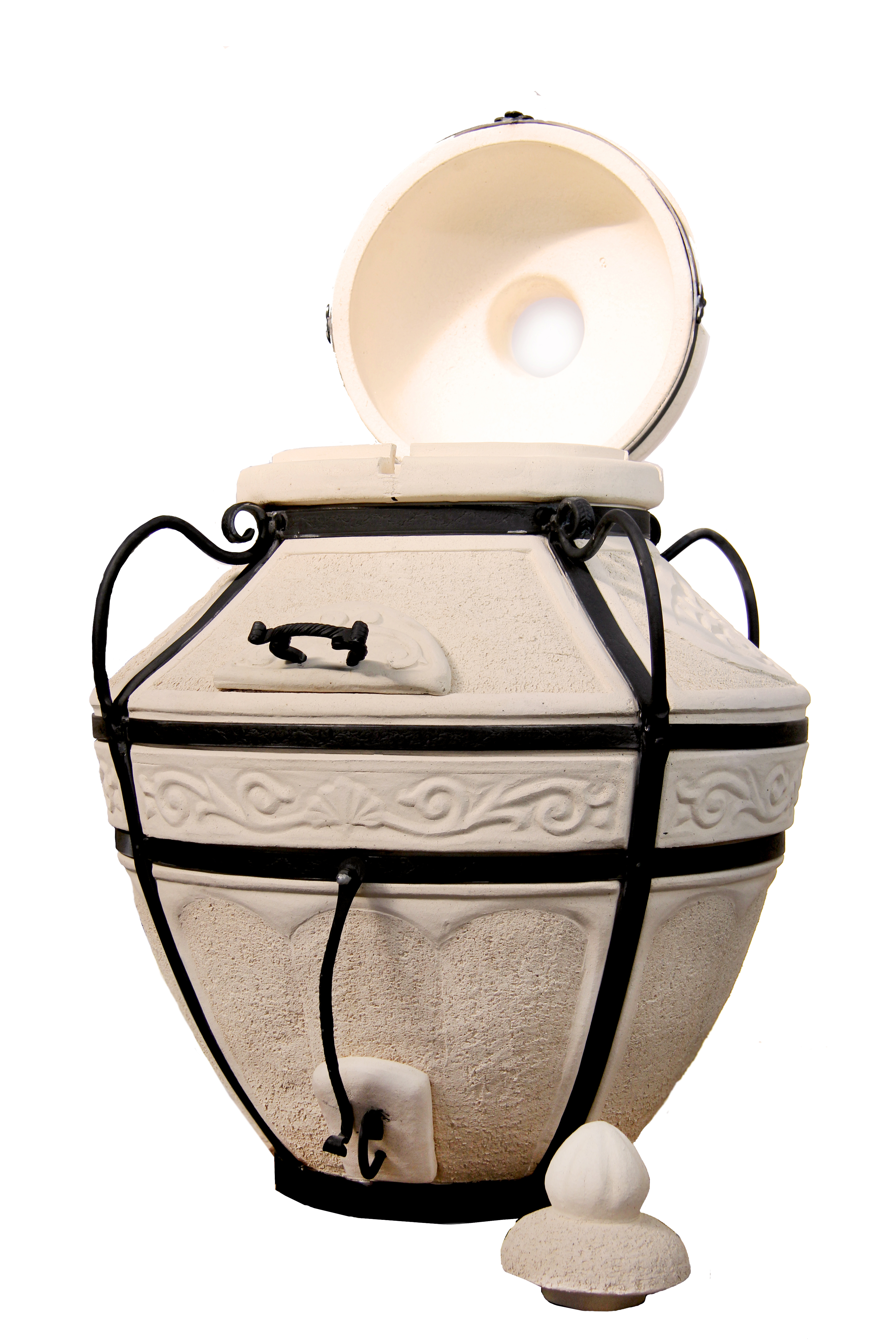 Amphora Tandoor Aladdin in heller Ausführung mit geöffnetem Klappdeckel, schwarzer Metallbeschlagung und seitlichen Griffen
